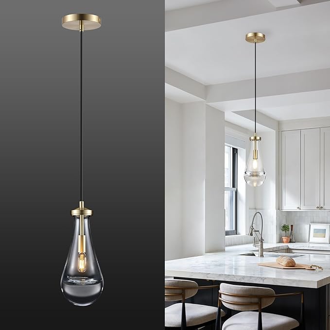 Raindrop Pendant Light for Kitchen Island, Gold Modern Crystal Glass Modern Pendant Lights, Pendant Light in Kitchen Island, E12 Bulb Pendant Lights Indoor Island, for Dining Room,Living Room