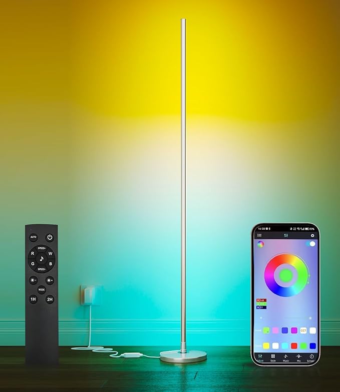 luckystyle Smart RGB Corner Floor Lamp,Bright LED Tall Modern Floor Lamp with APP and Remote,Ambient Lighting Color Changing Standing Lamps with Music Mode and Timing for Living Room,Bedroom Silver