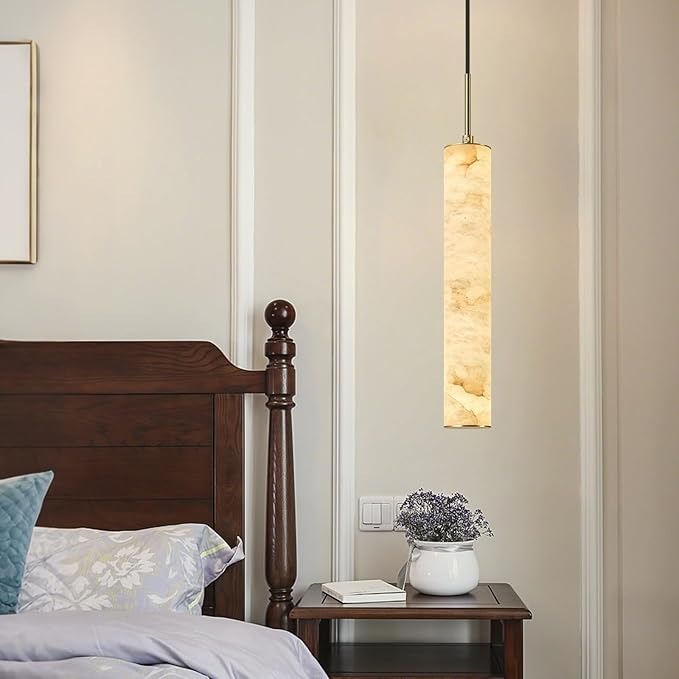 LMQNINE Natural Alabaster Pendant Lights for Kitchen Island White Marble Long Tube Chandelier Modern Gold Ceiling Light Fixtures for Bedroom Dining Room Table Living Room Hallway(M-1Pack)