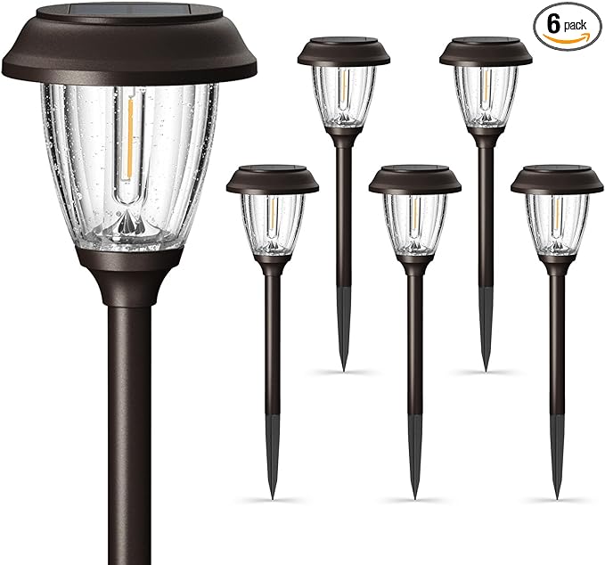 XMCOSY+ Solar Lights Outdoor 10/25 LM LED with 2 Lighting Modes, Solar Garden Lights Glass and Metal, IP65 Waterproof Solar Powered for Yard Pathway Walkway Driveway Patio (6 Pack, Warm White)