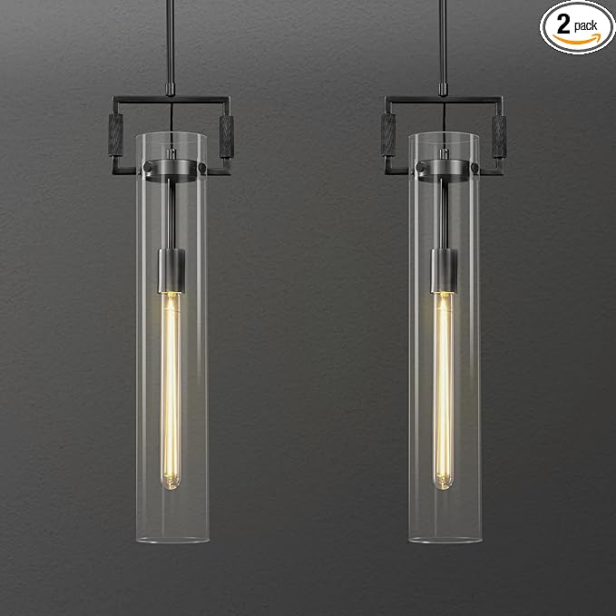 Black Pendant Lights,Modern Glass Pendant Lights Kitchen Island 2 Pack,21.6'' Farmhouse Kitchen Pendant Lighting Over Island for Dining Table,Bathroom,Bedroom