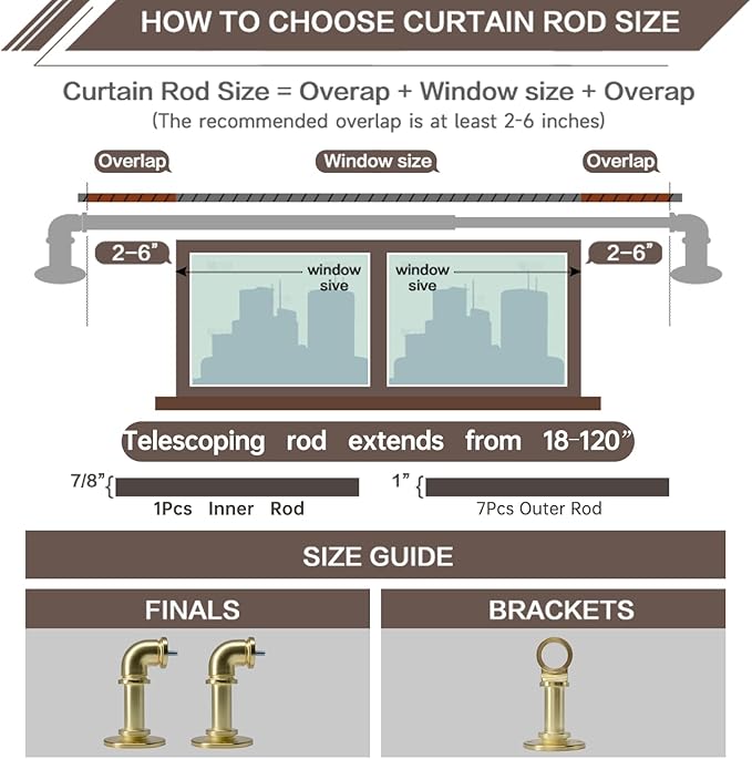 Brushed Gold Curtain Rods 18 to 120 in,Wraparound Curtain Rods,Adjustable Length,1 in Diameter Pipe,Wall or Ceiling Mounted,for Bedroom and Living Room (Brushed Gold 18” to 120”)