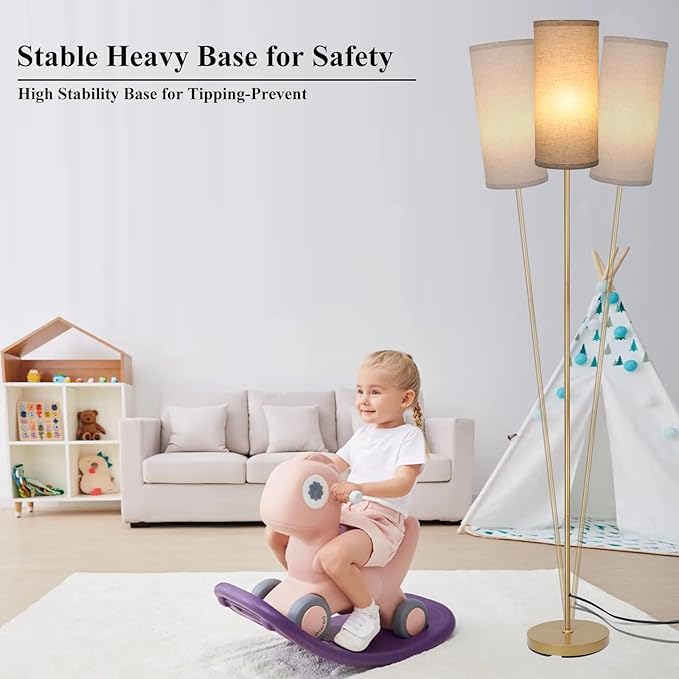 Boostarea Floor Lamp for Living Room with 3 Color Temperatures Bulb, Industrial Floor Lamps, Gold Classic Tall Lamp for Office, Standing Lamps for Bedroom, Kids Room, Reading(9W LED Bulb, Linen Shade)