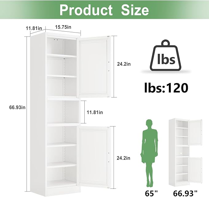 Tall Narrow Storage Cabinet 66.93" H Tall Bathroom Cabinets Metal Pantry Cabinet, 4 Adjustable Shelves for Kitchen, Home Office, Living Room, Dinning Room (16 inches Wide White)
