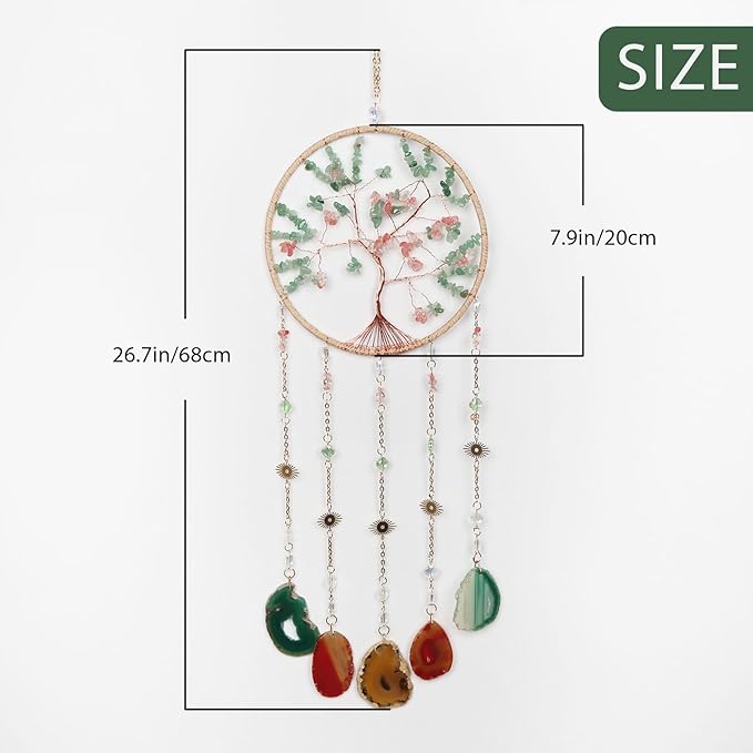Rainbow Agate Gemstone Large Dream Catcher Crabapple Chakra Tree of Life Dream Catcher with Crystal Stones Handmade Dreamcatcher Wall Decor for Adults Boys Girls Bedroom Garden Bless Gift