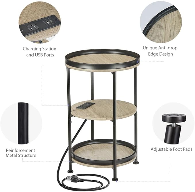 Dulcii Round Side Table with Charging Station, End Table with 3 Shelves for Living Room, Bedroom Nightstand for Small Spaces, Industrial Round Sofa Table with Steel Frame (USB+Oak)