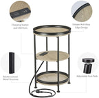 Dulcii Round Side Table with Charging Station, End Table with 3 Shelves for Living Room, Bedroom Nightstand for Small Spaces, Industrial Round Sofa Table with Steel Frame (USB+Oak)