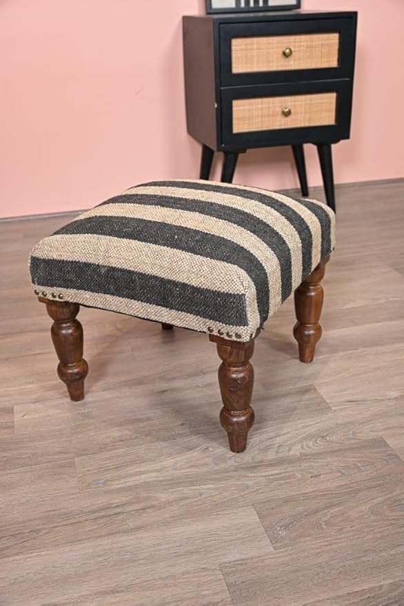 Handmade Jute Soft Ottomans Square Shape Stool for Sitting and Foot Rest with Wooden Legs, Entryway Modern Stool for Living Room, Bedroom, Hall (White, L 15.74 x W 15.74 x H 14 inch)
