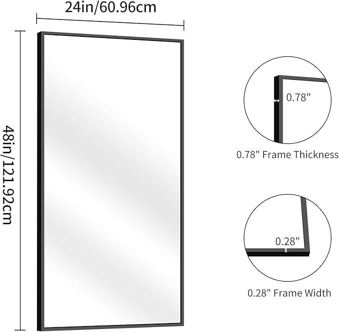 YIROMAN Bathroom Mirror 48"x24", Large Matte Black Bathroom Mirror for Over Sink with Aluminum Frame, Rectangular Vanity Mirror with Right Angle, Wall Mirror Hangs Horizontal or Vertical, Shatterproof