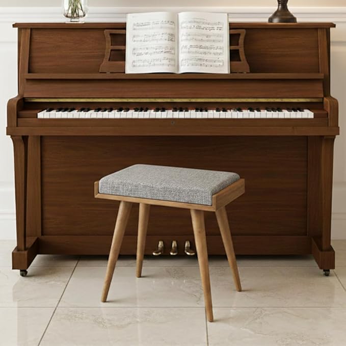 Walnut Ottoman Stool for Living Room | Upholstered in Gray Pattern Fabric | Versatile as a Piano Bench | Ideal Bedroom Bench | Functional Footstool Bench