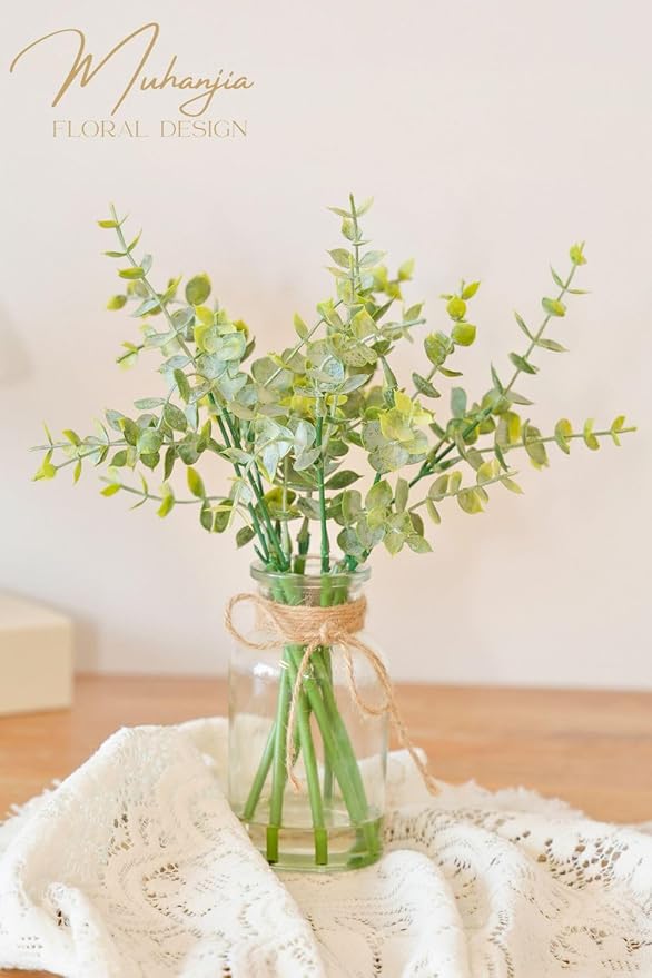 Artificial Eucalyptus Stems in Glass Vase with Faux Water,7Pcs Fake Plant for Centerpiece Bathroom Farmhouse Room Home Decor (Sage Green Eucalyptus)