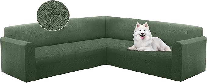 HDCAXKJ Sectional Couch Cover L Shape Stretch Sofa Covers Washable Jacquard Corner Couch Slipcover Non Slip Sectional Slip Cover U Shaped Furniture Protector for Pets Dogs (Army Green, Medium)