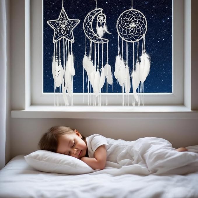3PCS/LOT Star Moon Sun Shape Dream Catcher Home Decoration, and Baby Kids Room Accessory - Dream Catcher with Feather Decoration - Unique Home Craft Wall Pendant (White)
