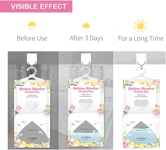 CANAGER Hanging Moisture Absorber, Lemon Rose Moistureproof Hanging Bag，Dehumidifier Bag (8 packs) Hanging Closet Dehumidifier Bags, Moisture Absorb 12.5 oz