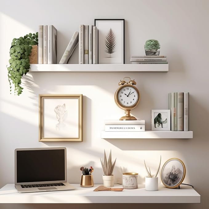 LaVie Home Floating Shelves, 15.6 Inch Wall Shelf Set of 3, Hanging Shelf with Invisible Brackets, Wall Decor for Bathroom, Bedroom, Living Room, Kitchen Storage, Modern White