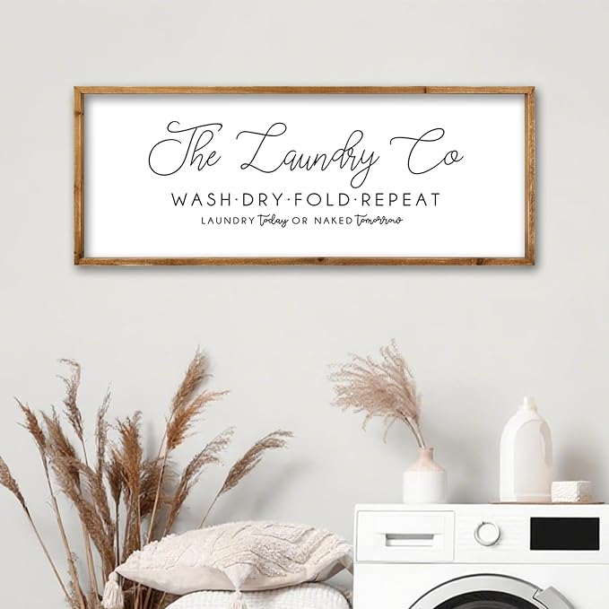 ZZJJHYWGQ Laundry Room Wall Decor 32"×12" Wash Dry Fold Repeat Funny Laundry Sign Rustic Farmhouse Decor Large Wooden Frame Humorous Quote Wall Hanging Art (Wood)