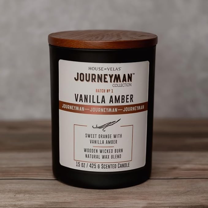Journeyman Collection Candle, 15oz, Wooden Wick, Vanilla Amber, Large Painted Jar