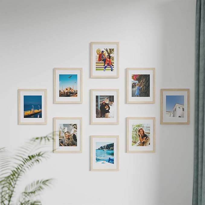 Vittanly 11x14 Picture Frames Set of 9, Shatter Resistant Plexiglass, Display 8x10 Pictures with Mat or 11x14 without Mat, Photo Frames for Wall or Tabletop, Engineered Wood, OAK