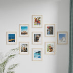 Vittanly 11x14 Picture Frames Set of 9, Shatter Resistant Plexiglass, Display 8x10 Pictures with Mat or 11x14 without Mat, Photo Frames for Wall or Tabletop, Engineered Wood, OAK