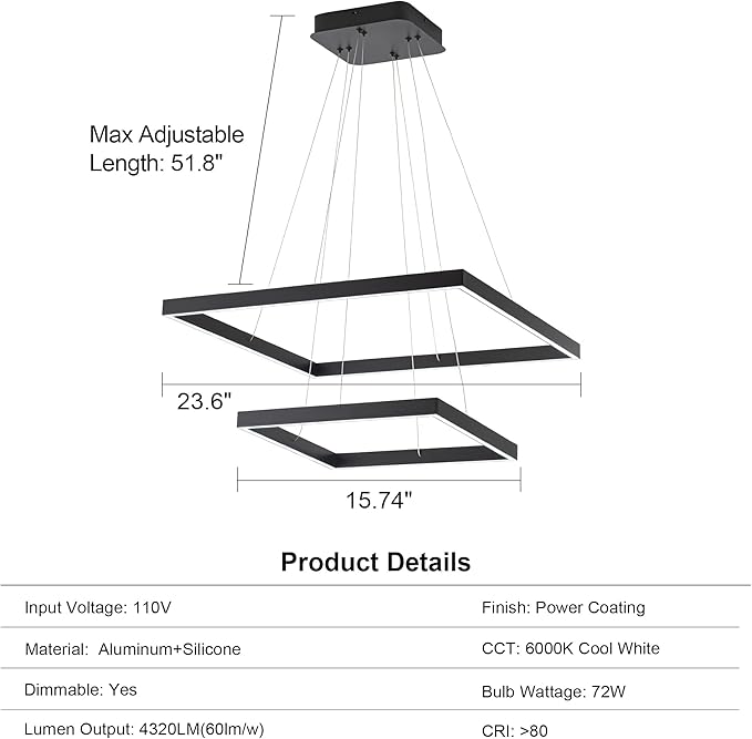 Modern Square LED Chandelier Lighting, Square LED Pendant Ceiling Light Fixture, Dimmable Contemporary Chandelier for Living Dining Room, Bedroom