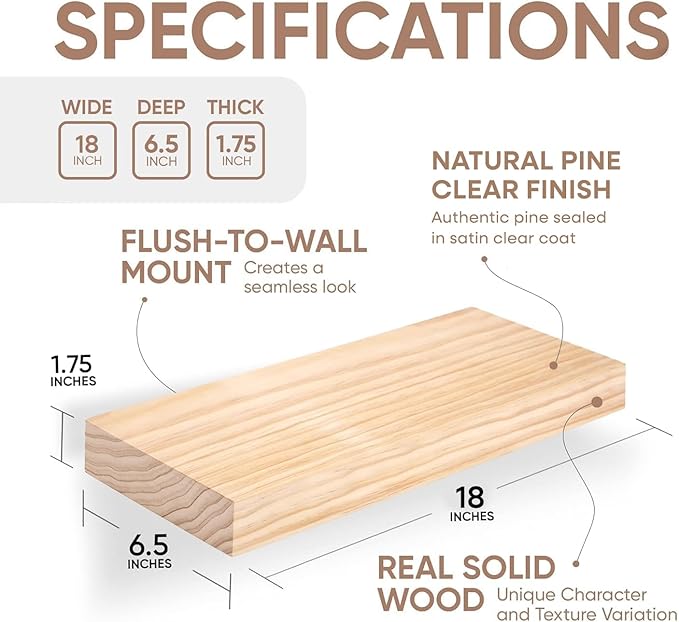 Homeforia 18 inch Natural Floating Shelf, High End Solid Real Wood 18inch Small Floating Shelves for Wall Mounted, Natural Wooden Floating Shelves, Heavy Duty Bracket, 18 X 6.5 X 1.75 in, Set of 3