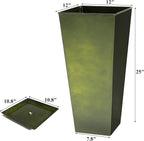 WORTH Garden 25" Large Metal Glazed Planter Set of 2, Luxurious Glossy Finish Green Tall Square Tapered Steel Plant Pots, Decor Flower Pot Indoor & Outdoor, Drainage Hole & Dual-Purpose Plant Saucer