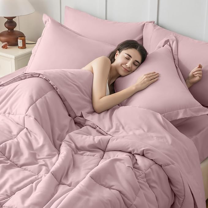 JOLLYVOGUE Queen Comforter Set, Ultra-Soft Bed in a Bag Queen Size 7 Pieces, Oeko-TEX Certified Bedding Set with Down Alternative Comforter, Sheets, Pillowcases & Shams, Camio Pink