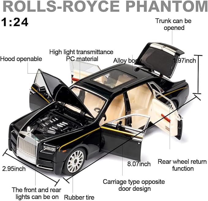 EROCK Exquisite car Model 1/24 Rolls-Royce Phantom Model Car,Zinc Alloy Pull Back Toy car with Sound and Light for Kids Boy Girl Gift. (Black)
