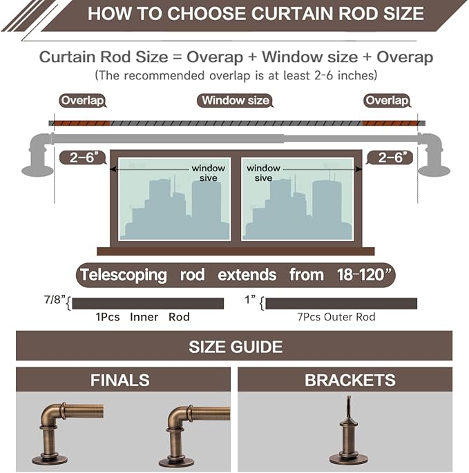 Industrial Curtain Rods 18 to 120 in,Blackout Curtain Rod,Adjustable Length,1 in Diameter Pipe,Wall or Ceiling Mounted,for Bedroom and Living Room (Antique Brass18” to 120”)