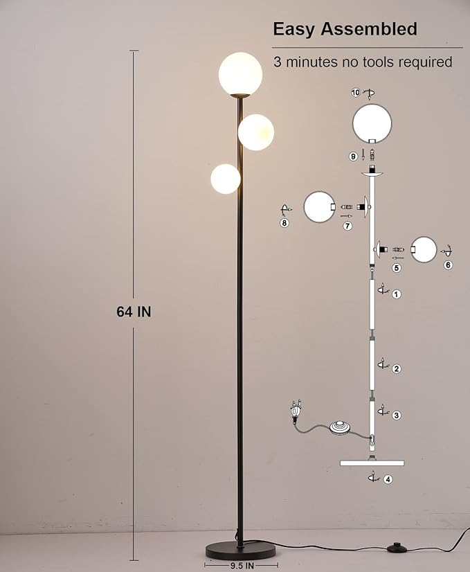 Fiqevs 3 Globe Mid Century Modern Floor Lamp, 3 x 800LM LED Bulbs Included, Matt Black Standing Lamp with Sphere Frosted Glass Shade, Vintage Retro Tall Pole Lamp for Living Room, Bedroom Office