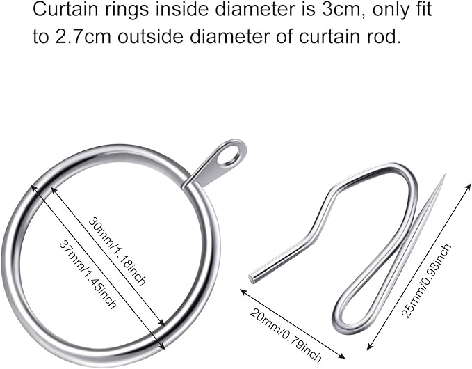 Hotop 60 Pieces 1.26 Inch Metal Drapery Curtain Rings Curtain Hanging Rings and 60 Pieces Metal Drapery Pin Hooks for Drapes Window Door Shower (Silver)