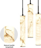 LMQNINE Natural Alabaster Pendant Lights for Kitchen Island White Marble Long Tube Chandelier Modern Black Ceiling Light Fixtures for Bedroom Dining Room Table Living Room Hallway(Y-3Light-Crackle)
