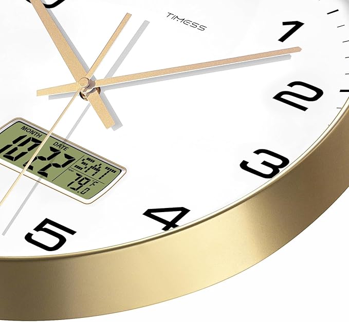 Wall Clock, 10" Dial Non-Ticking Silent Battery Operated Analog with LCD Display for Perpetual Calendar and F° Temperature, Ideal Modern Home, Bedroom, Kitchen, Office Decor (Gold)