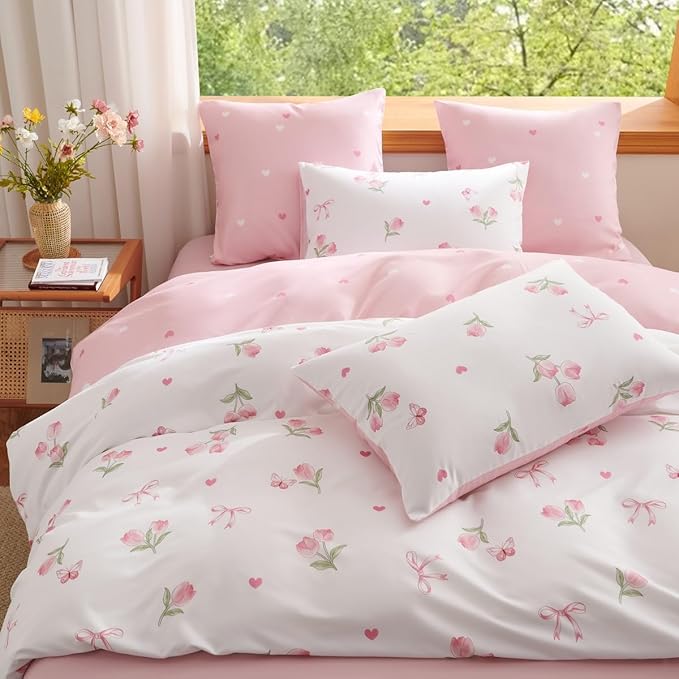 Floral Comforter Set King Size - 3 Pieces Pink White Floral Tulips Bow Comforter Bedding Sets Reversible Pattern,King Bed in a Bag with Flowers Comforter and 2 Pillowcases