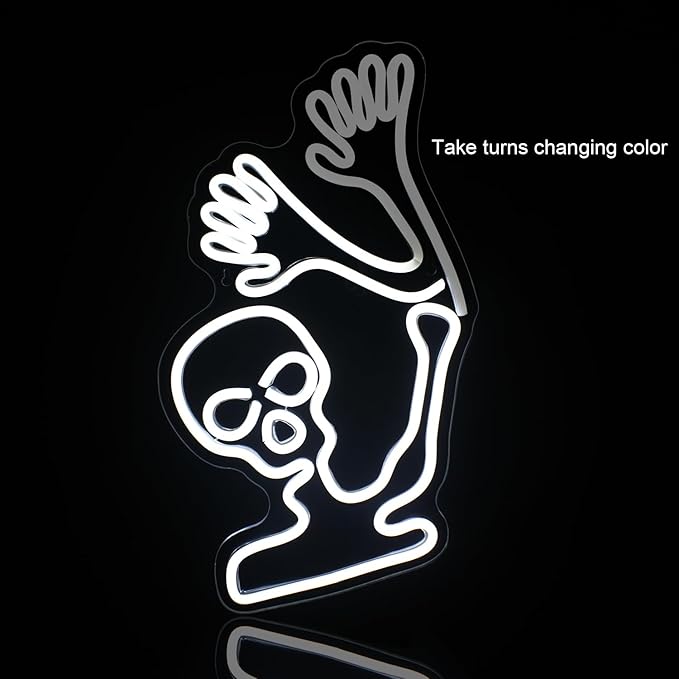 WLHOPE Skull Neon Signs - White LED Skeleton Skull Signs for Wall Decor, Halloween Decor, USB Waving Ghost Neon Light Up Signs for Bedroom, Kid's Room, Bar, Club, Shops, Party Decoration