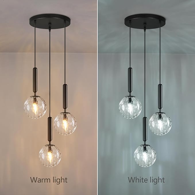 Mid Century Globe Pendant Light with Clear Glass for Kitchen Island Modern Balck Finish Hanging Light Fixture Retro Round Pendant Lighting for Living Room Bedroom Entryway(3 Lights)