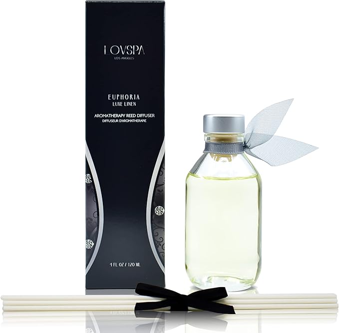 LOVSPA Reed Diffuser Set, Euphoria Luxe Linen Scented Oil Diffuser with Sticks, Home Fragrance Accessories for Bathroom Shelf Decor, Aroma Diffusers for Home or Office Fall Decor, USA Made