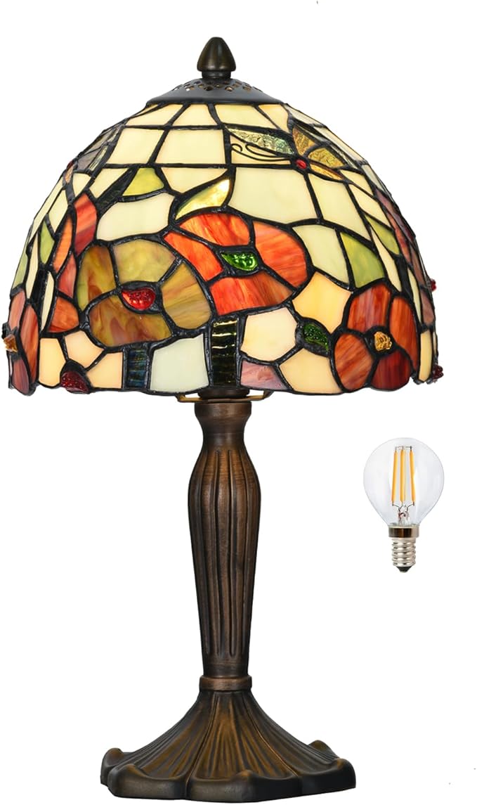 TL0029 Tiffany Style Table Lamp Stained Glass Floral Shade with Bronze Base Vintage Art Deco Desk Light for Bedroom Living Room Decor (Blossom)