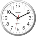 Sharp Wall Clock – Silver, Silent Non Ticking 14 Inch Quality Quartz Battery Operated Round Easy to Read Home/Kitchen/Office/Classroom/School Clocks, Sweep Movement