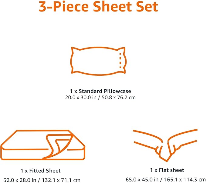 Amazon Basics 3 Piece Bed Sheets Set, 100% Cotton Jersey, Includes Super Soft, Flat and Fitted Sheets, Pillowcase, Toddler, White, Solid