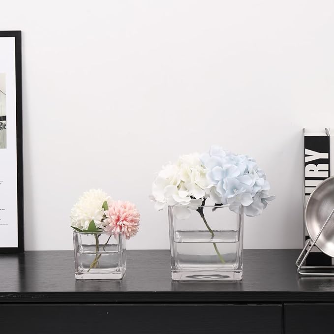 Square Flower Vases Set of 4, 3"x 3"x 3" Glass Vases for Centerpieces, Clear Vase for Flowers, Small Vase for Wedding, Party, Home Office Decoration