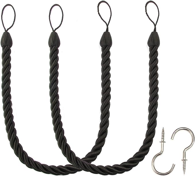 BEL AVENIR Curtain Tiebacks Ropes Tie-Backs, Handmade Curtain Holdbacks (Black, 2pack)