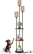Floor Lamp with Shelves, Boho Floor Lamp with Foot Switch, 3-Light Standing Lamp, for Living Room, Bedroom, Study, Rustic Brown and Yellow YF53LD05 ﻿