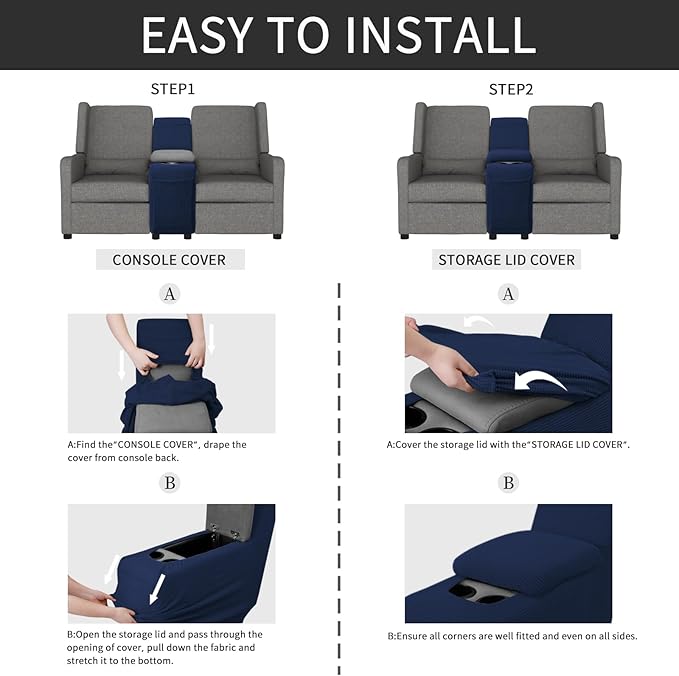 Easy-Going 2-Piece Recliner Console Cover for Reclining Loveseat Covers Stretch Jacquard Middle Console Cover for Recliner Couch and Sofa Navy
