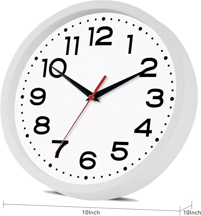 Wall Clock Silent Non-Ticking Modern Clock Battery Operated 10 Inch Small Classic Analog Decorative for Kitchen, Living Room, Office, Bedroom, Bathroom (White)