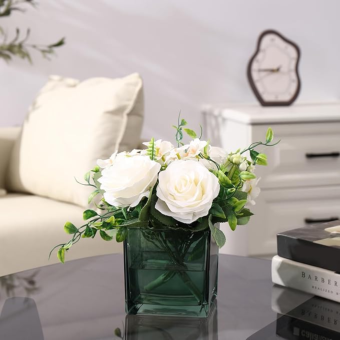 Square Green Glass Vases Set of 6, 5" x 5" x 5" Flower Vases for Centerpieces, Square Vase for Centerpieces, Small Vase for Wedding, Party, Home Office Decoration