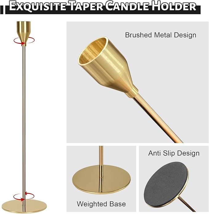 Taper Candle Holders, Set of 6 Candlestick Holders for Table Centerpieces, Weddings, Parties, Anniversaries and Home Decor, Elegant Candle Holders (Gold)