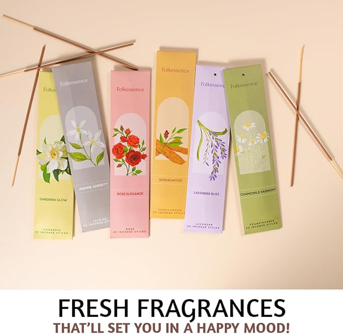 Folkulture Incense Sticks with Incense Holder | Set of 6 (120) Organic Fall Insence-Sticks with 45 Mins Burn Time | Non Toxic Sandalwood Incense | Fall Scents or Rose & Lavender Inscents for Home