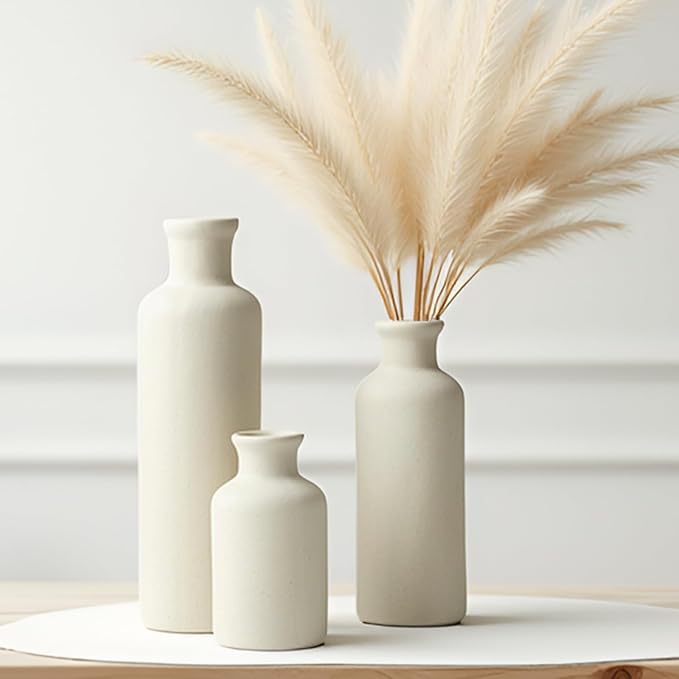 Modern Ceramic Vase Set of 3, Beige Colors, Decorative Bottles for Home, Farmhouse Rustic Decor (Beige)