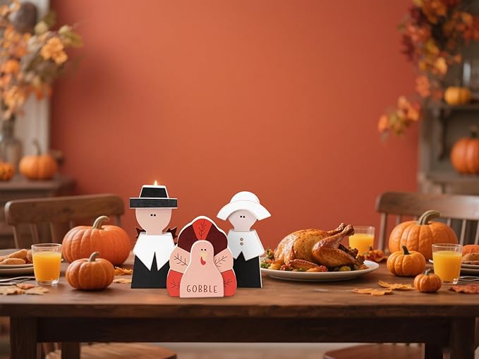Amorita Fall Thanksgiving Decorations Wooden Turkey Pilgrim Couple Table Sign 3 Pcs Fall Thanksgiving Decor Standing Tabletop Sign Decor for Autumn Harvest - Z
